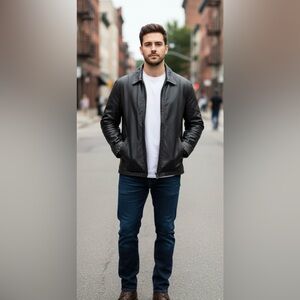 Men's Cherokee Black Leather Jacket Biker Field Casual Size XL